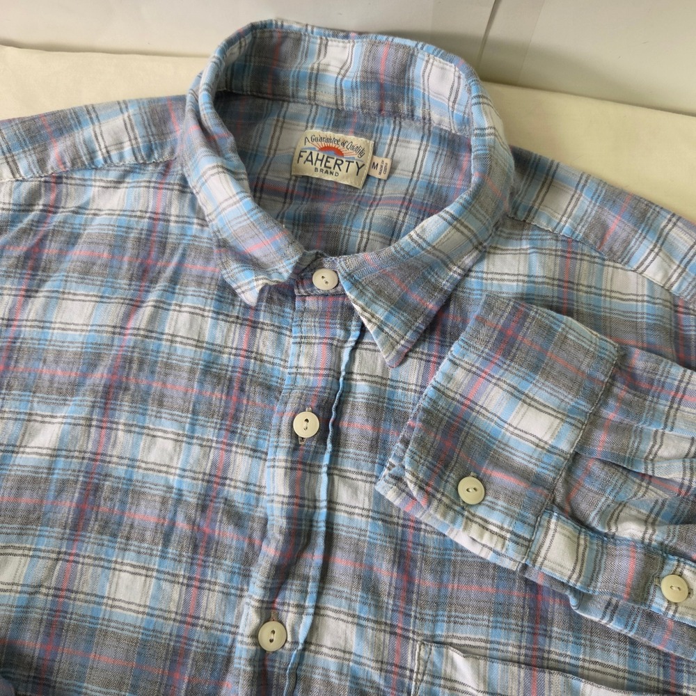 Faherty Brand Mens Blue Plaid Cotton Flannel Button Down Shirt Size M